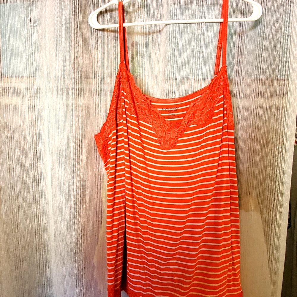 Lane Bryant, 26/28, orangish red and white stripe lace cami